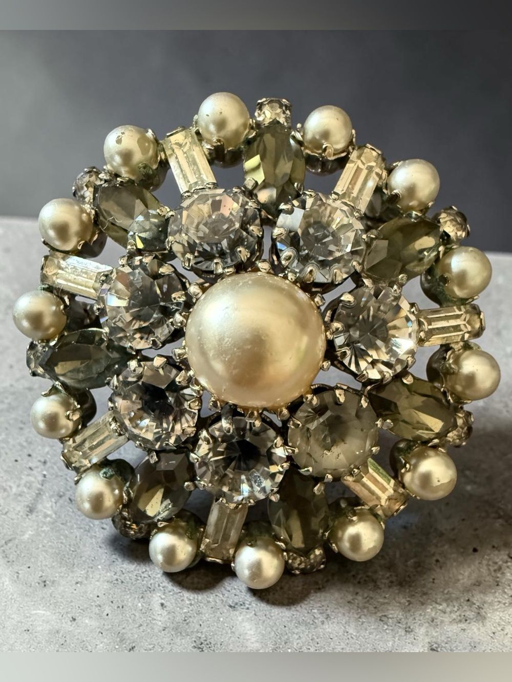 Vintage Faux Pearl Smoky Gray Rhinestone Brooch Pin Round Silver Statement